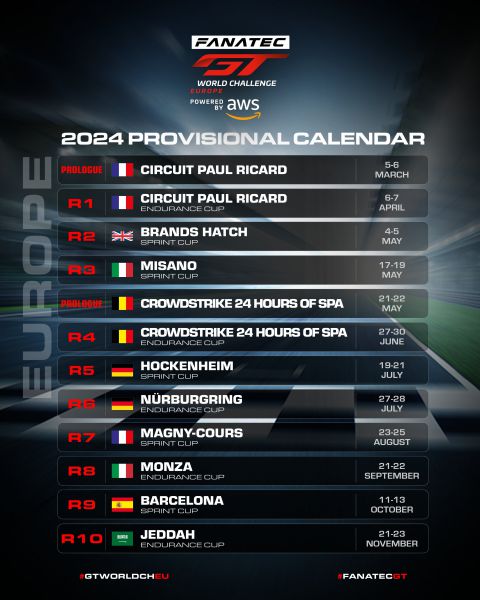 Fanatec GT World Challenge Europe Powered by AWS kalender 2024