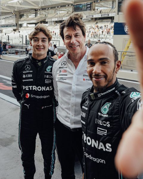 George Russell, Toto Wolff, Lewis Hamilton F1 Mercedes