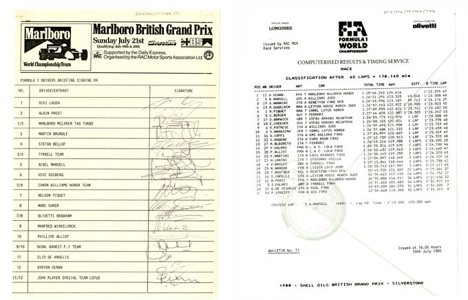 Ayrton Senna's handtekening op het Drivers Briefing Signing On formulier voorafgaand aan de 1985 Britse Grand Prix en het officiï¿½le Race Result Sheet van Senna's overwinning in 1988