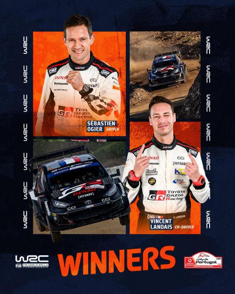 Rally de Portugal 2024 winnaars Ogier en Landis met Toyota Yaris