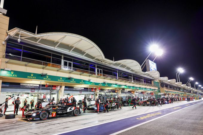 8 Hours of Bahrain 2024 Toyota pits by night