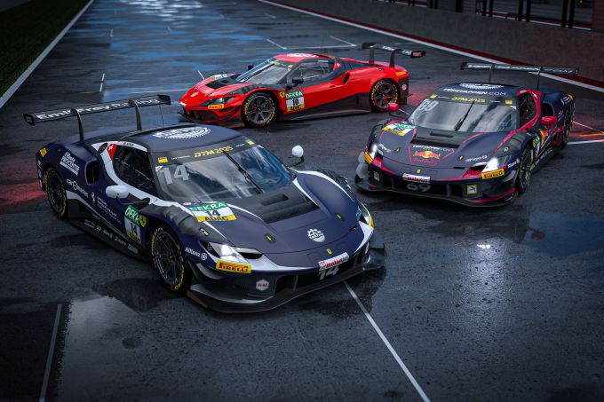 DTM 2025 Emil Frey Racing Ferrari 296 GT3 Jack Aitken Ben Green Thierry Vermeuelen Verstappen.com Foto 5 drie Ferrari's 296 GT3