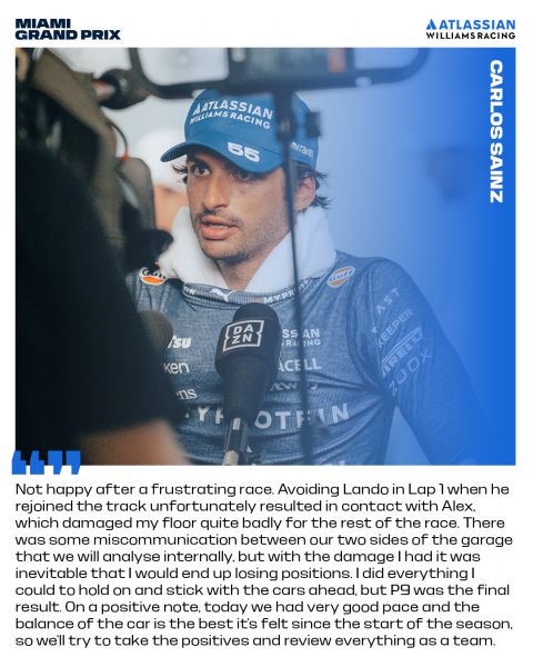 Carlos Sainz F1 Williams GP Miami 2025 verklaring